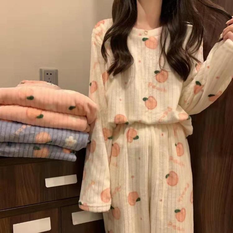 Warm Thickened Women Casual Loose Bear Bow Tie Apple Pajamas Set Sweet Cute Homewear Can Be Worn Outside Fall Winter Outfit