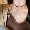 Sun Star Zircon Necklace for Women Vintage Leather Necklace Double Layered Pendant Chain Choker Fashion Jewelry Accessories