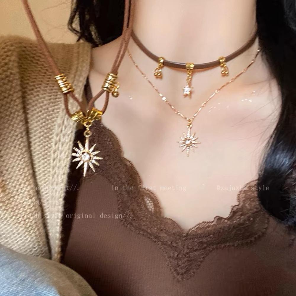 Sun Star Zircon Necklace for Women Vintage Leather Necklace Double Layered Pendant Chain Choker Fashion Jewelry Accessories