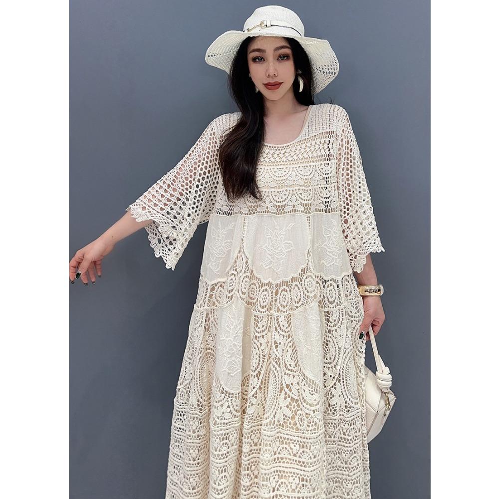 DIMANAF 2025 Vară Femei Rochie Lungă Tricotată Mânecă Rochii de Dantelă Fashion de Bază Casual Largi