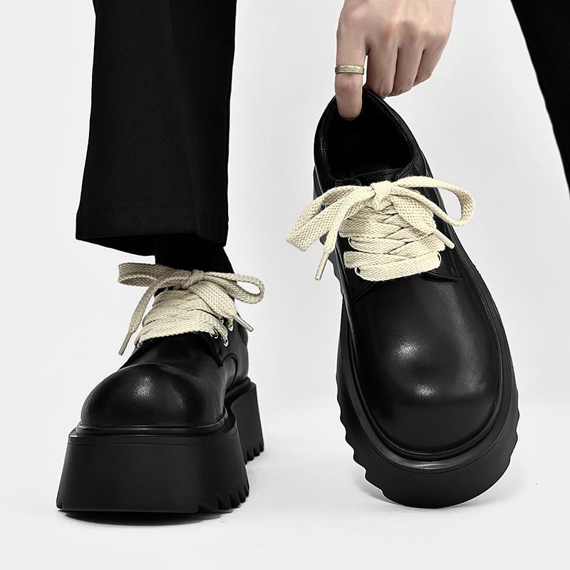 Fashion Derby Black Thick Soled Men's Shoes Fashionable White Lace Up Design Style Outdoor Trendy Party Daily Quality Youth Shoes New