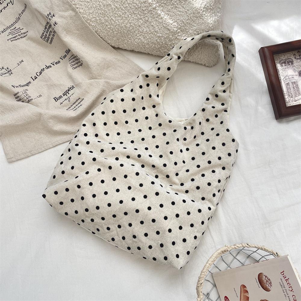1 Polka Dot Canvas Bag Women's New Large-capacity Velvet Shoulder Bag Simple Casual Commuter Bag Women