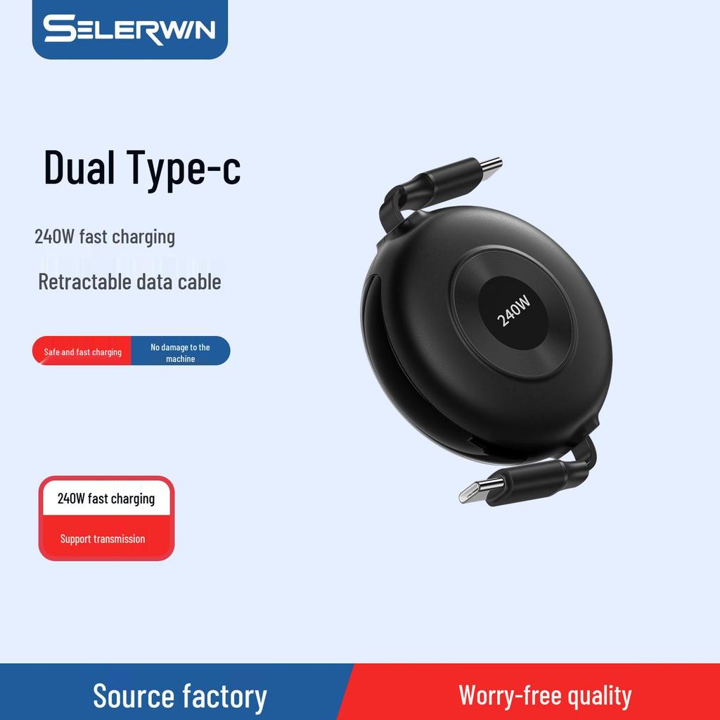 240W Fast Charging Retractable Dual Type-C Cable for Apple, Huawei, Laptops, and Phones