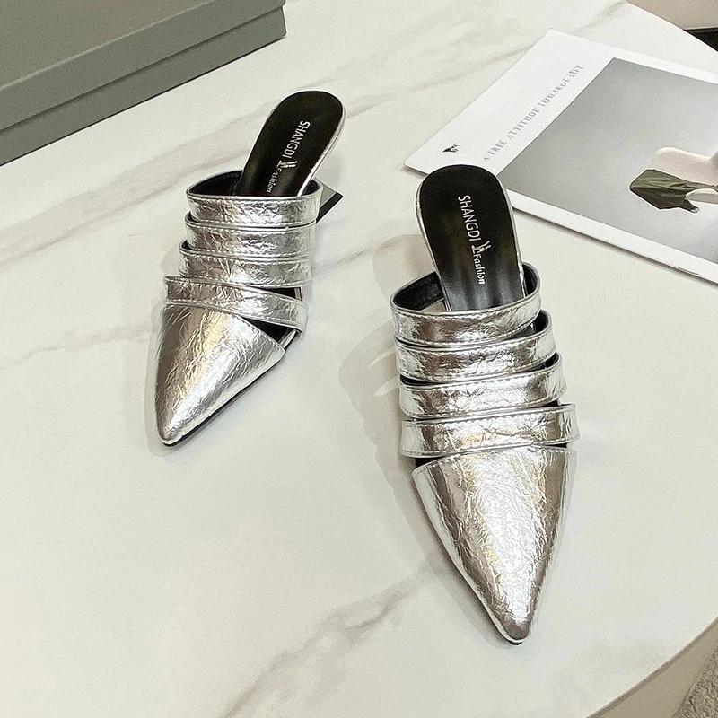 Fashion Fashionable Retro Versatile Thick Kitten Heel Fashion Baotou Half Slippers Women Wear Pointed Toe Cool Mopping in Autumn