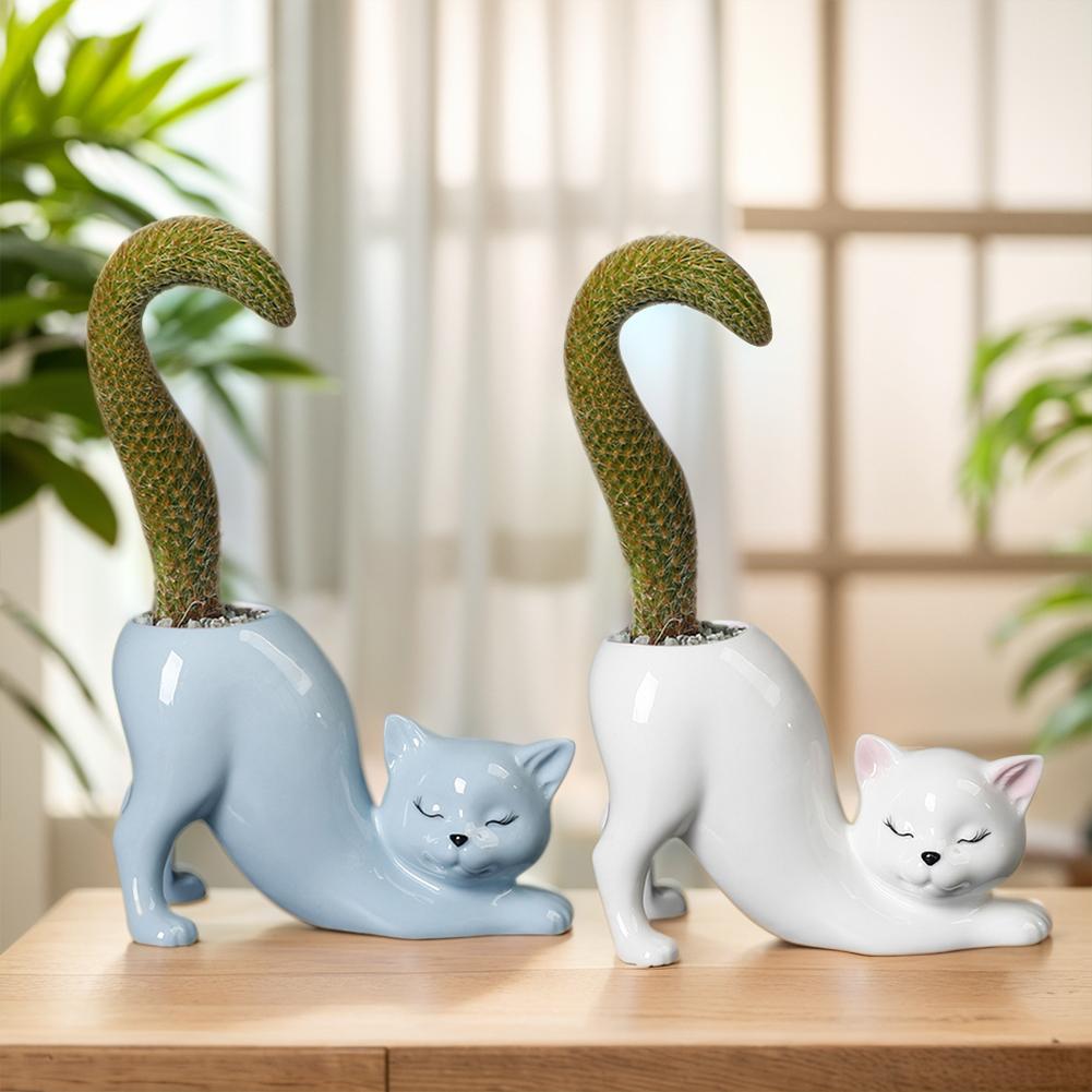 Ceramic Cat Shape Succulent Planter Cute Animal Plant Pot with Drainage Hole Garden Pots for Home Office Desk Windowsill Decor