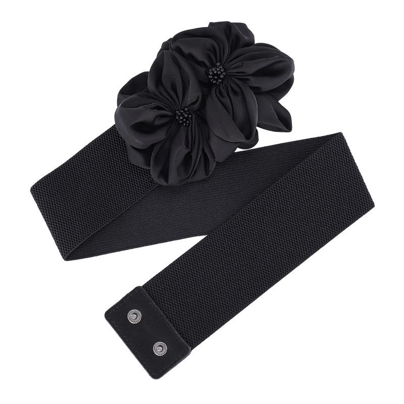 Ladies Flower Decorative Dress Waist Tie Skirt Belt Black Bow Elastic Waist Seal