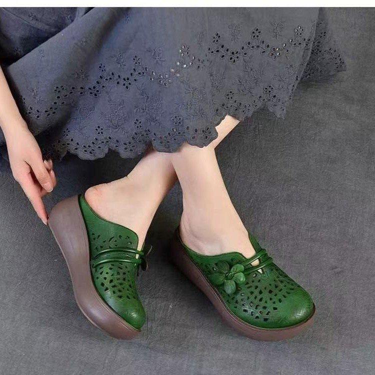 Summer Hollow Retro Soft Leather Half Slippers Women's 2025 Summer New Thick-soled Flower Outer Wear Bag Head Hole Slippers