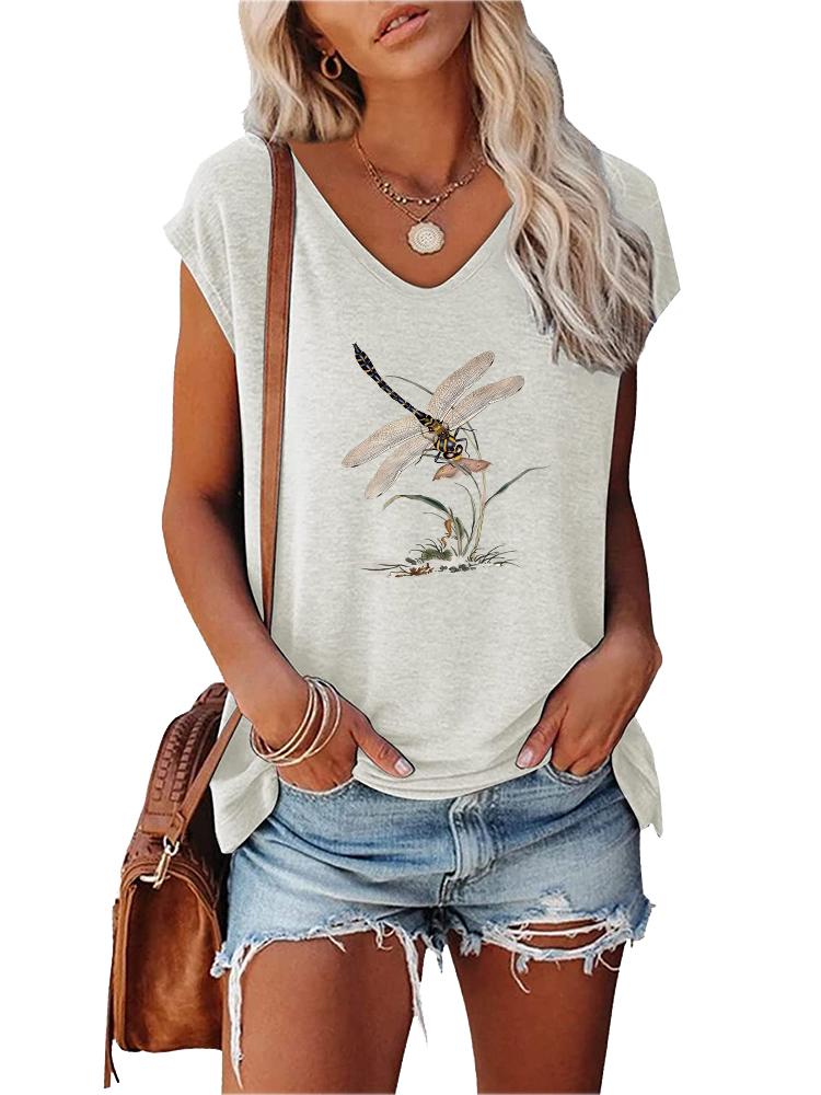Damen Mode V-Ausschnitt Bedrucktes T-Shirt Sommer Lässig Kurzarm Top