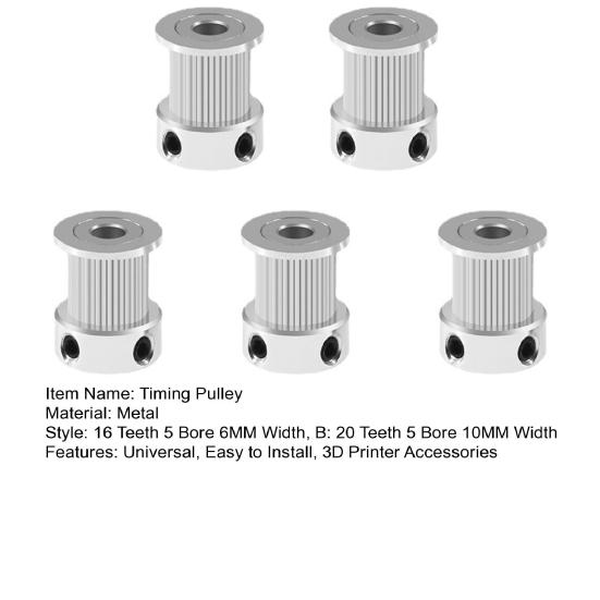 5Pcs GT2 Timing Pulley 6/10mm Width 16/20 Teeth 5 Bore Metal Timing Belt Synchronous Wheel 3D Printer Parts Accessories
