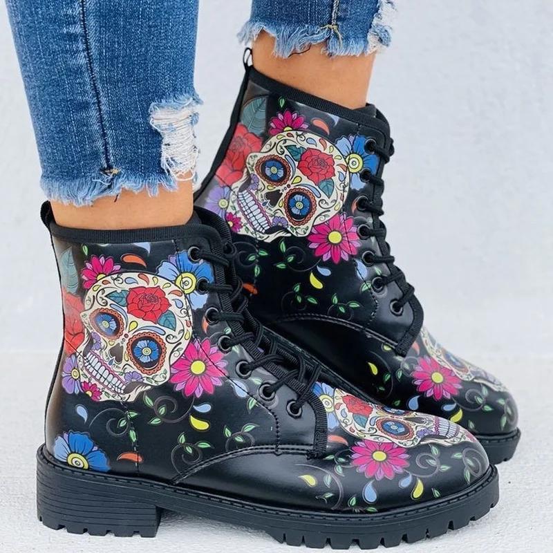 Digital Print Autumn Lady High Top Skull Pattern Boot  British PU Women's Fashion Tooling Boots Outfdoor Woman Ankle Booties
