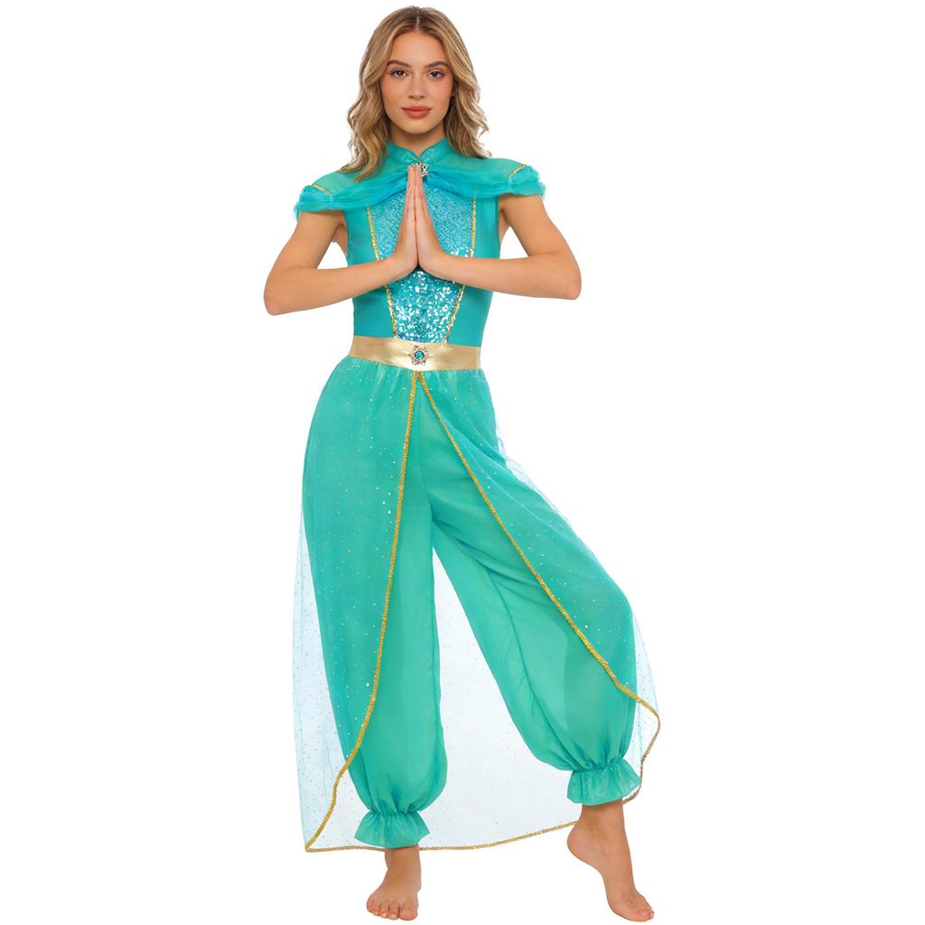 S-4XL Arabische Prinses Jumpsuit voor Dames Halloween Kostuum, Romper met Edelstenen & Pailletten Overlay voor Buikdans & Themafeest