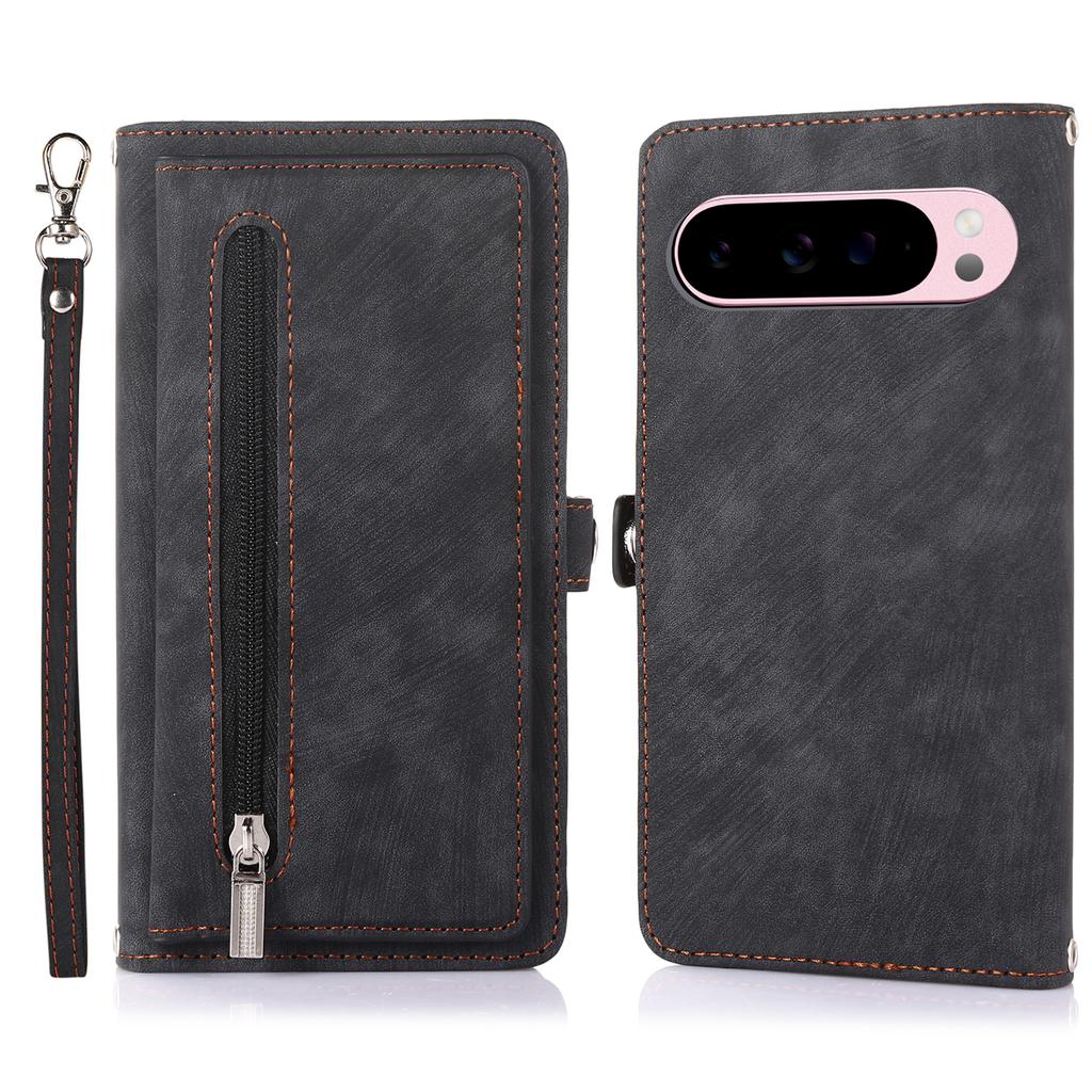 For Google Pixel 10 Pro XL/9 Pro XL Case Zipper Pocket 9 Card Slots PU Leather Phone Cover with Wrist Strap