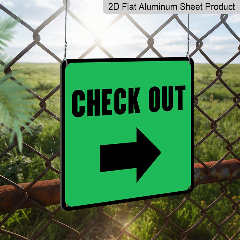 2D Flat 1pc Square Metal Hanging Aluminum Plaque, Green CHECK OUT Right Arrow Directional Sign, Direction Indicator Decor for Grocery Store