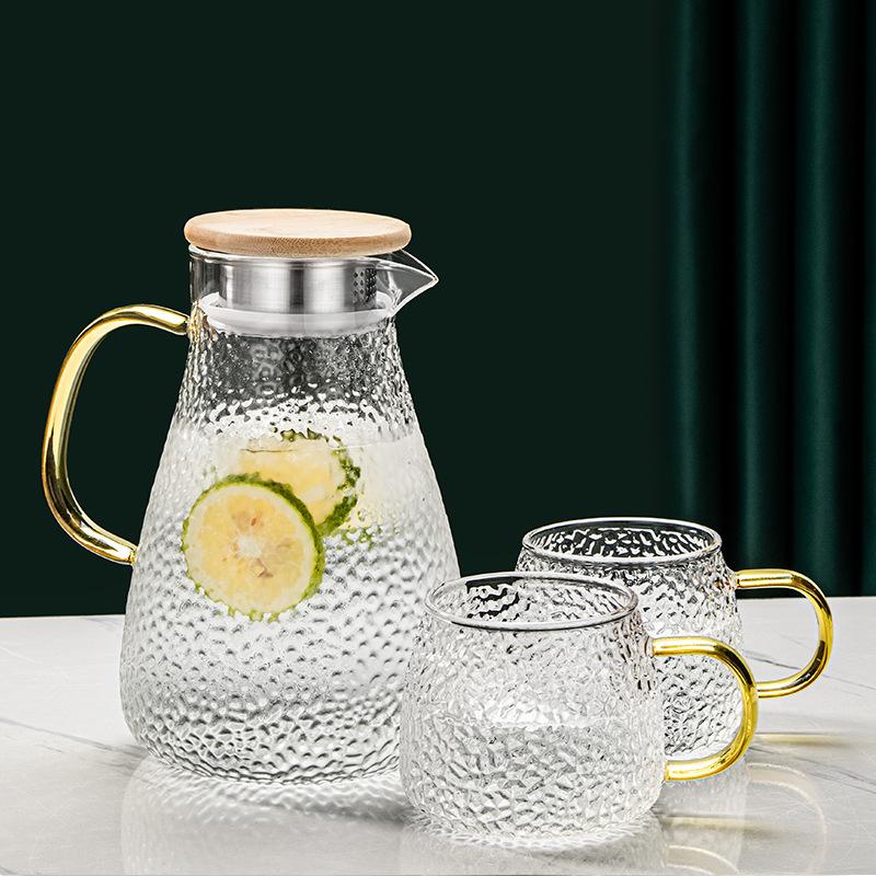 Hervidor de Agua Fría Hervidor de Agua Fría de Vidrio de Alta Capacidad con Patrón Martillado de Borosilicato Alto con Asa, Taza Transparente