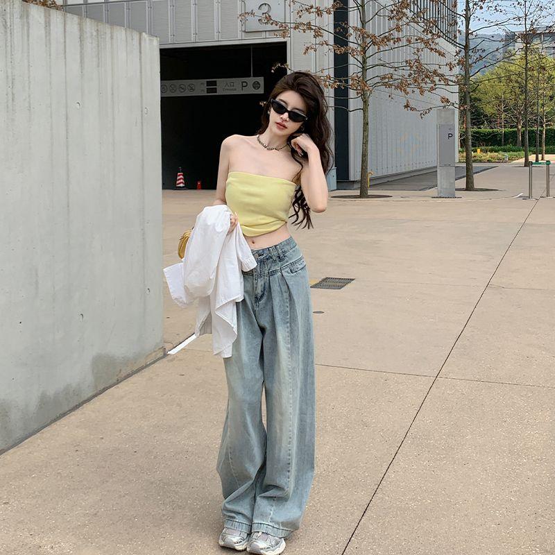 

Small K-style Retro Blue Loose Pants Female Unique High Waist Slim Looking Loose Straight-leg Mop Denim Pants Summer Light blue pants 156-165 XL
