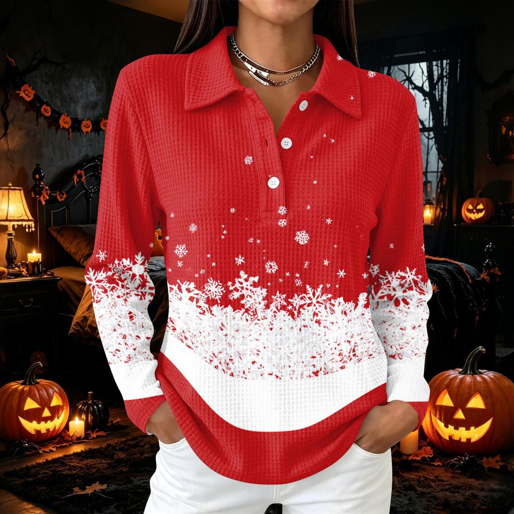 Women's Casual Christmas Print Long Sleeve Button Blouse with Lapel Collar and Side Slits