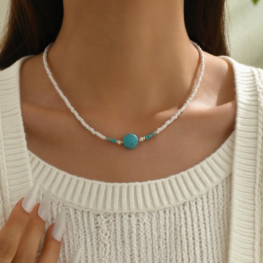European, American Bohemian elegance temperament imitation turquoise imitation pearl rice beads beaded hand-woven collarbone necklace