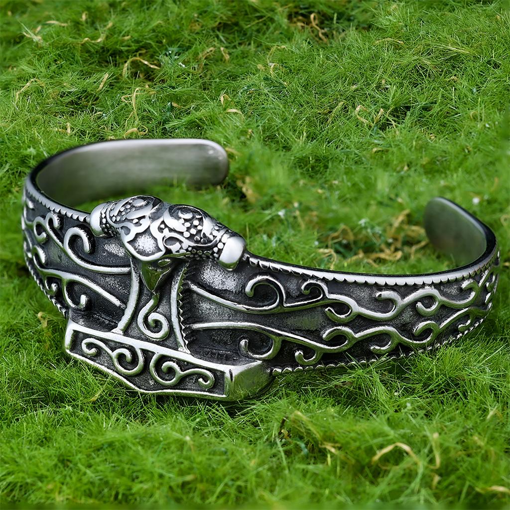 Norse Mythology Viking Thor Hammer Stainless Steel Men's C-shaped Open Bracelet