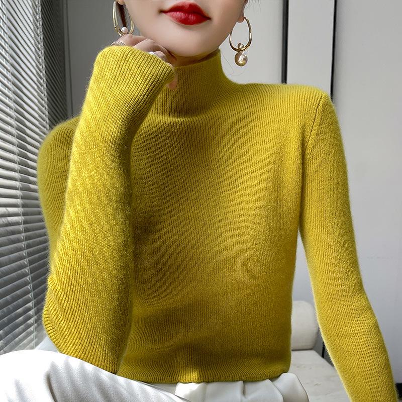Women's Slim Fit Solid Color Knit Pullover Sweater – Autumn/Winter Long Sleeve Half-High Neck Base Layer
