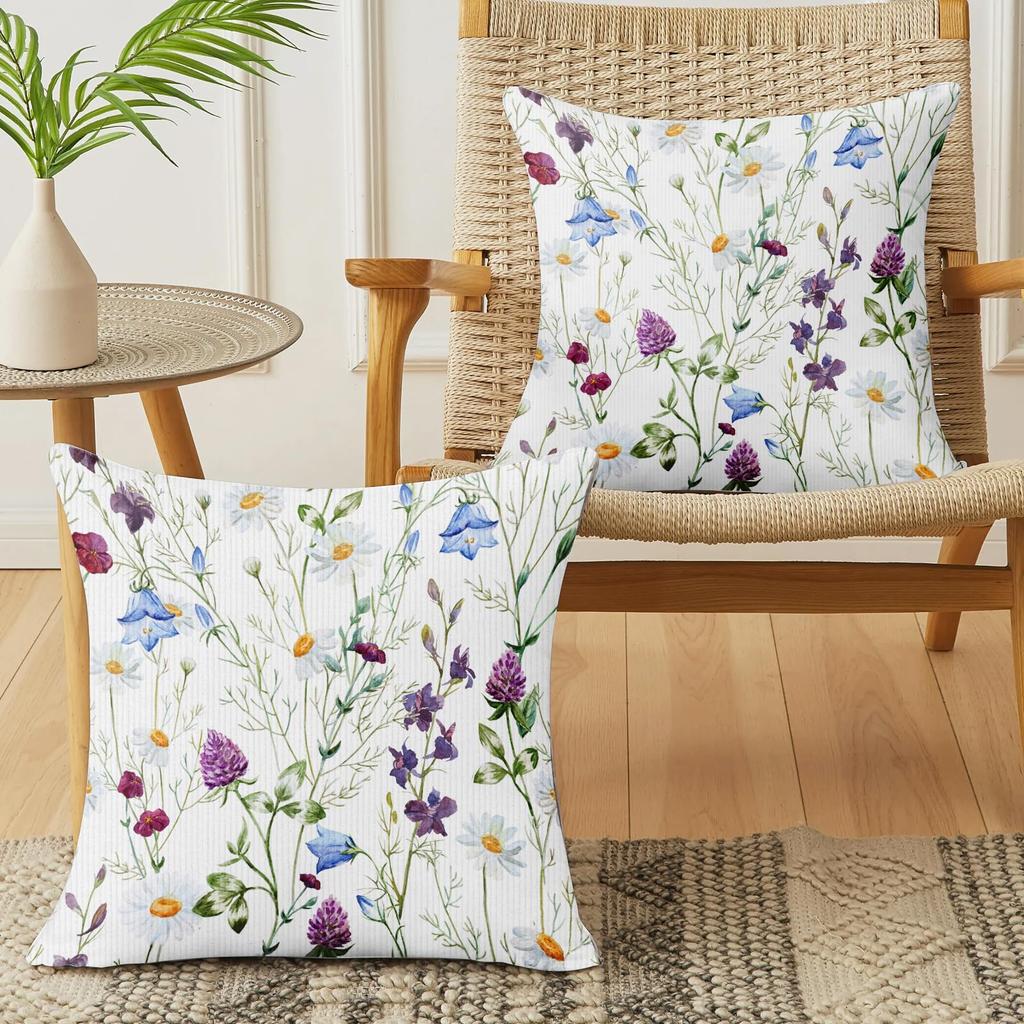 Confezione da 2 Federe Cuscino Fiori di Campo Acquerello Bianco Stampa Double Face Floreale Botanico Cuscini Arredo Casa