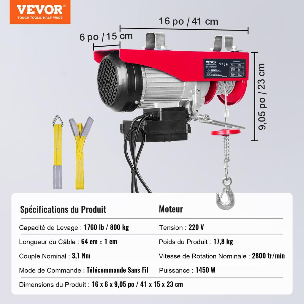 VEVOR Polipasto Eléctrico, Capacidad de Elevación de 798 kg, Cabrestante Eléctrico de Cable de Acero de 1450W 220V con Mando a Distancia Inalámbrico