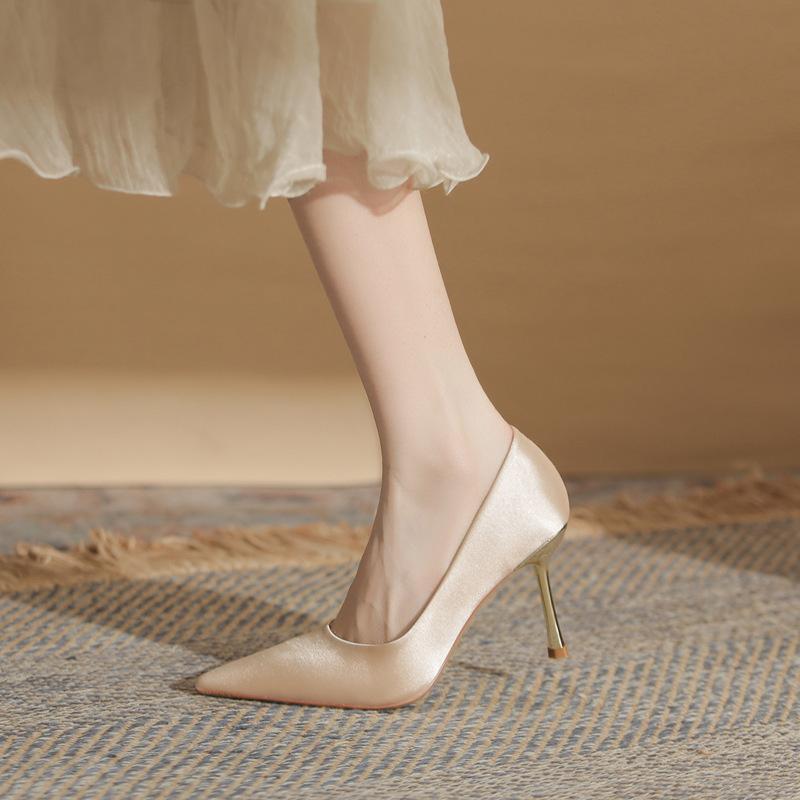 Women's Shoes Wedding High Heels Solid Color Silk Shoes Thin Heels Thin Women's Shoes Versatile Pointed Single Shoes Women's Summer