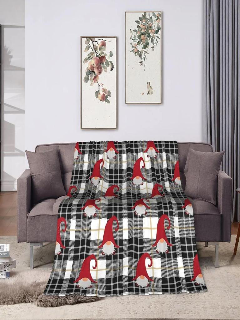 Soft Flannel Christmas Gnome Socks Blanket for Kids Buffalo Plaid Decorative Throw for Bed Sofa Home