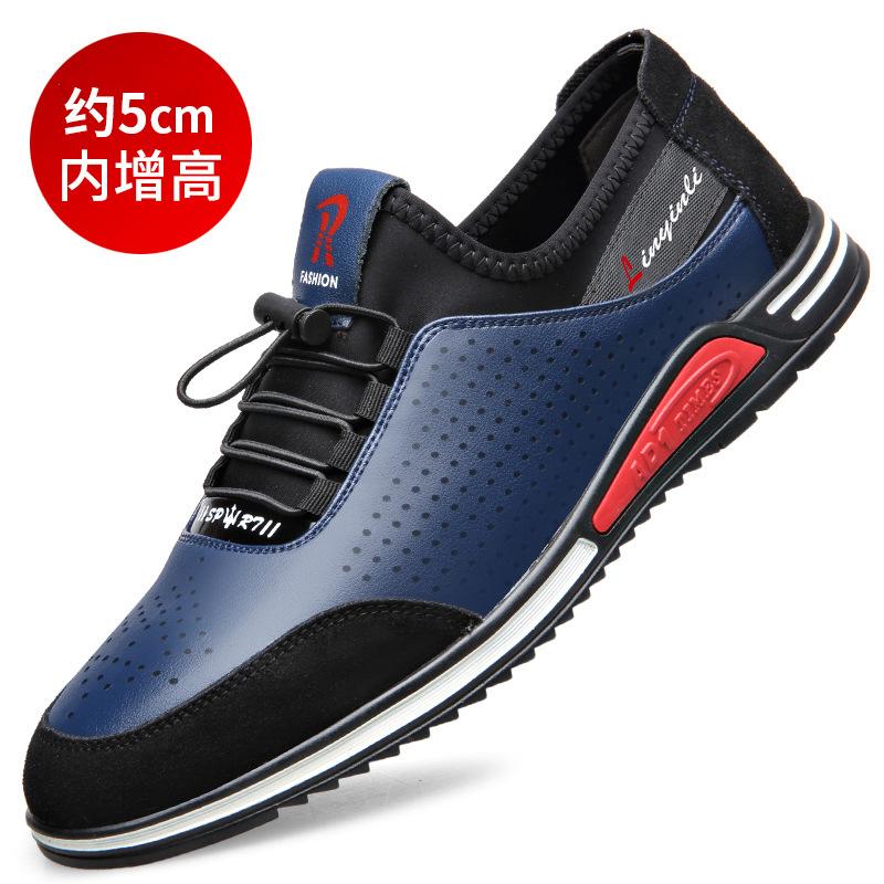 Sapatos de couro masculinos couro de vaca aumento interno de altura sapatos masculinos ocos respiráveis sapatos esportivos e de lazer sola macia respirável sapatos da moda