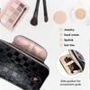 Travel Makeup Bag for Women, Large PU Leather Waterproof Checkered Cosmetic Bags, Open Flat Toiletry Bag, Make up Organizer with Divider and Handle