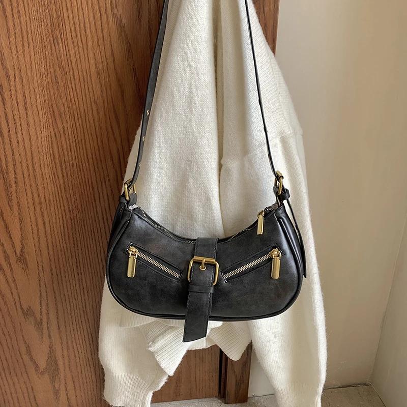 Monochromatic feminine shoulder bag soft PU bag zippered interior pocket high quality fashionable crescent moon