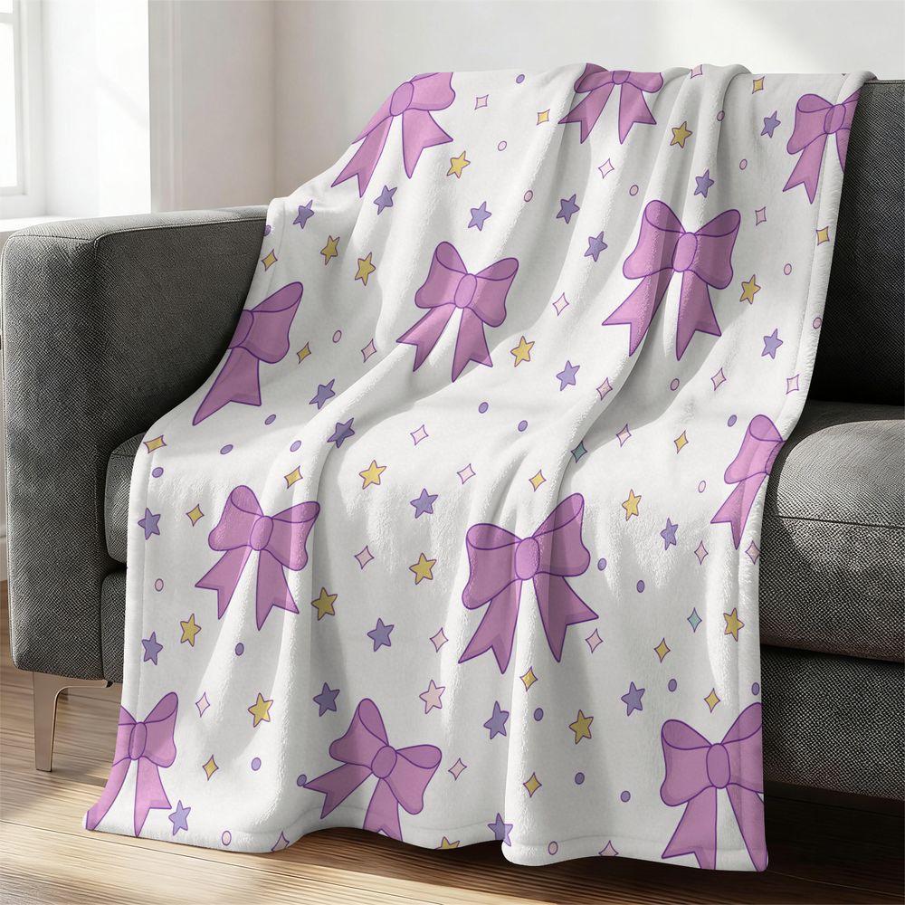 Cute Purple Bow Throw Blanket Soft Flannel Blanket Decorative Bed Sofa Fleece Blanket Aesthetic Gift Blanket for Girls