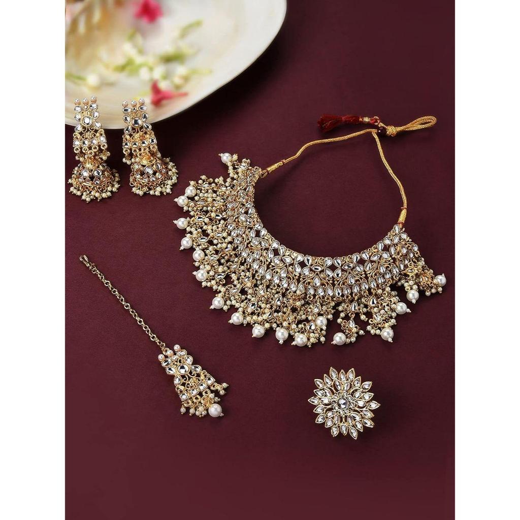 Tone Kundan Choker Necklace Earring Maangtikka & Ring Set For Women