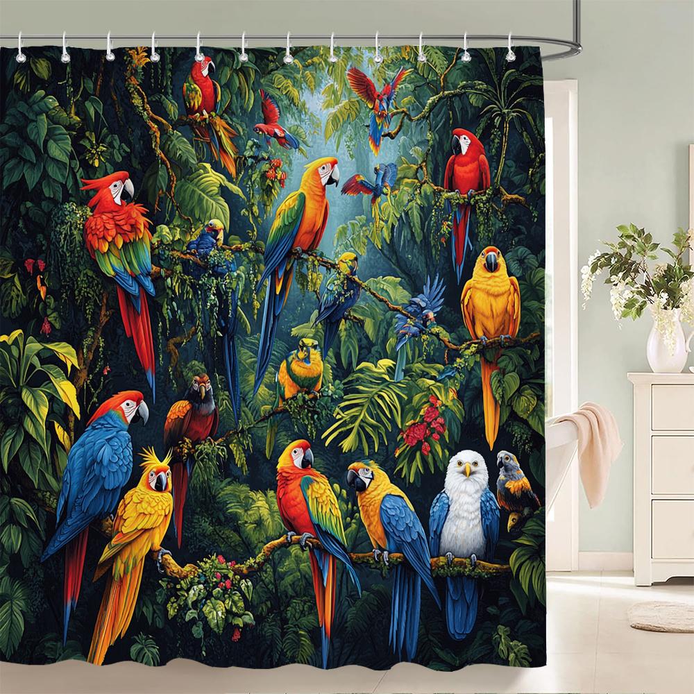 Tropical Plants, Flowers and Birds Shower Curtain for Bathroom Plant and Floral Decorative Shower Curtains with Hooks