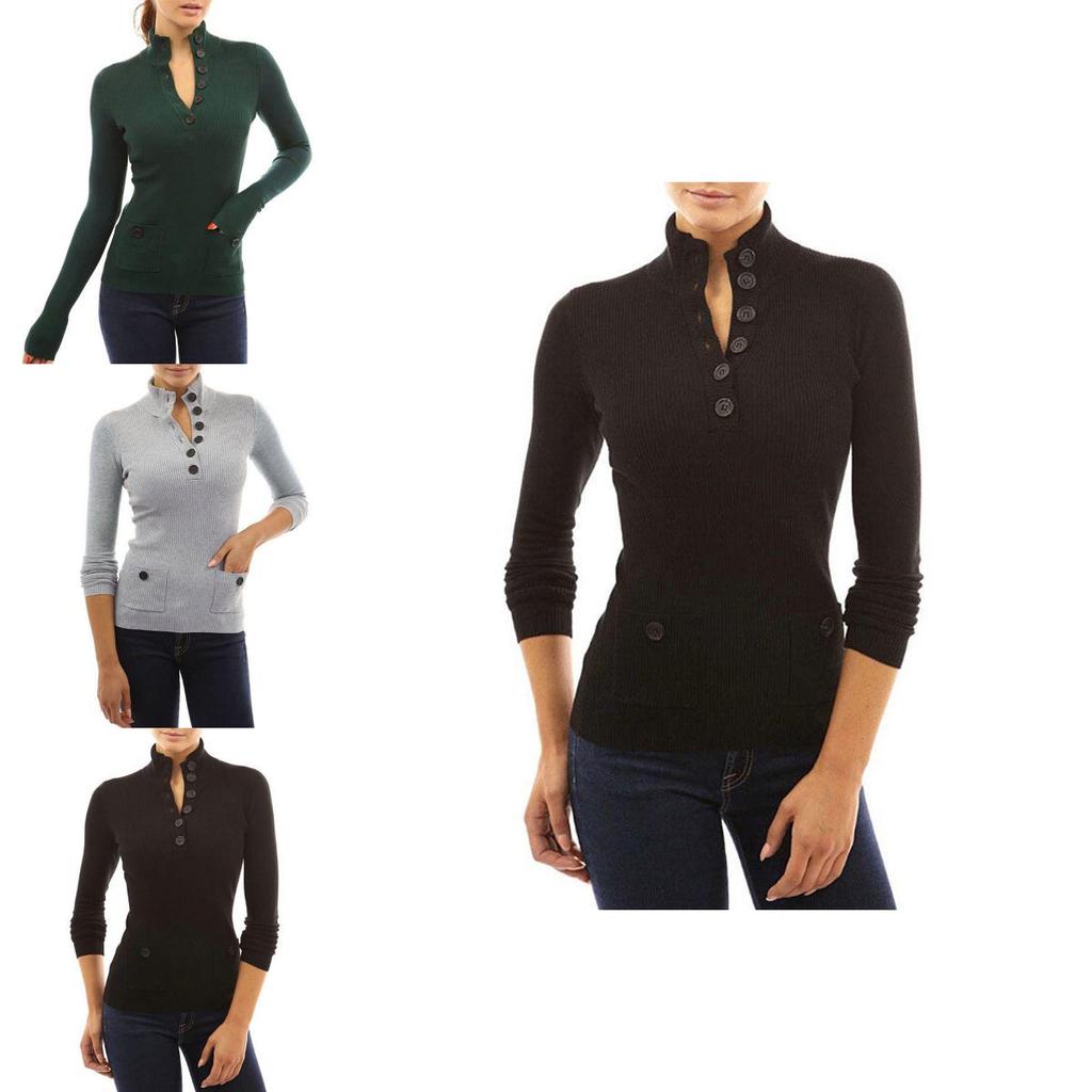 Top casual a collo alto a maniche lunghe da donna, maglione in maglia, T-shirt con bottoni, camicetta, in tessuti di alta qualità per il comfort di tutto il giorno
