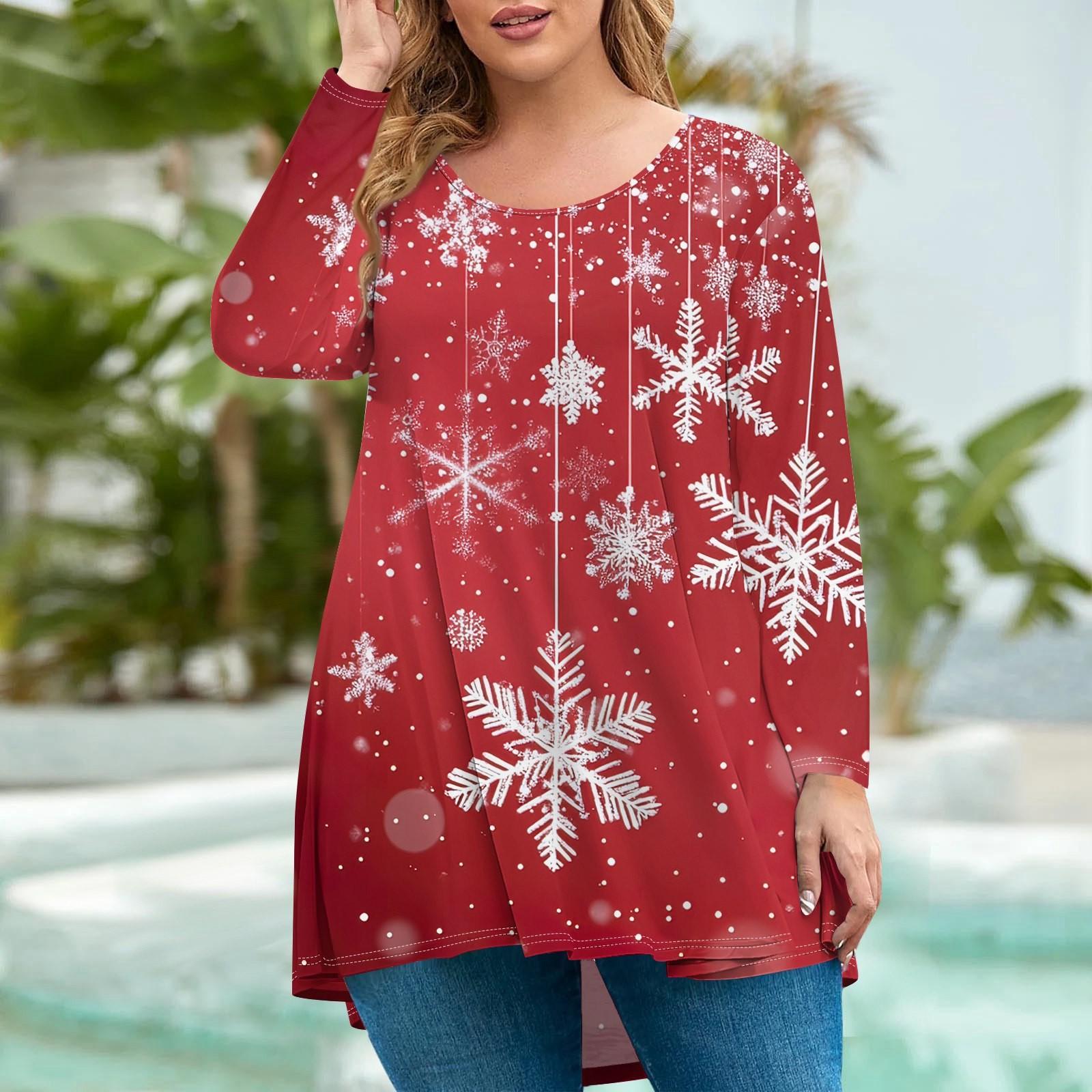 

Женская мода большого размера с круглым вырезом и длинным рукавом, повседневный свободный пуловер с рождественским принтом XXL