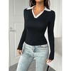 Spring Autumn Casual Women's Polo Shirt Slim Solid Color Tops Contrast Lapel Lady's Long Sleeve Tops Simple Women's T-shirt