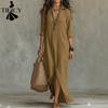 Damenmode Frühling Herbst Einfarbig Druck Langarm POLO Hals Lose Taille Casual Kleider