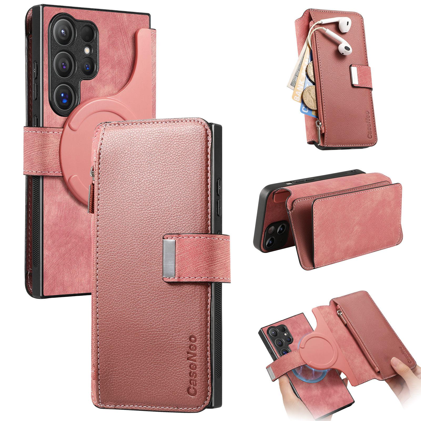 

For Samsung Galaxy S25 Ultra CASENEO MW-02 Detachable Magnetic Leather Wallet Phone Cover Pink