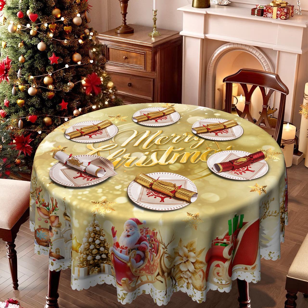 

Christmas Round/Rectangular Table Cloth, Warm Yellow Santa Reindeer Sleigh Gold Decoration, Table Cloth Round tablecloth-152x152cm