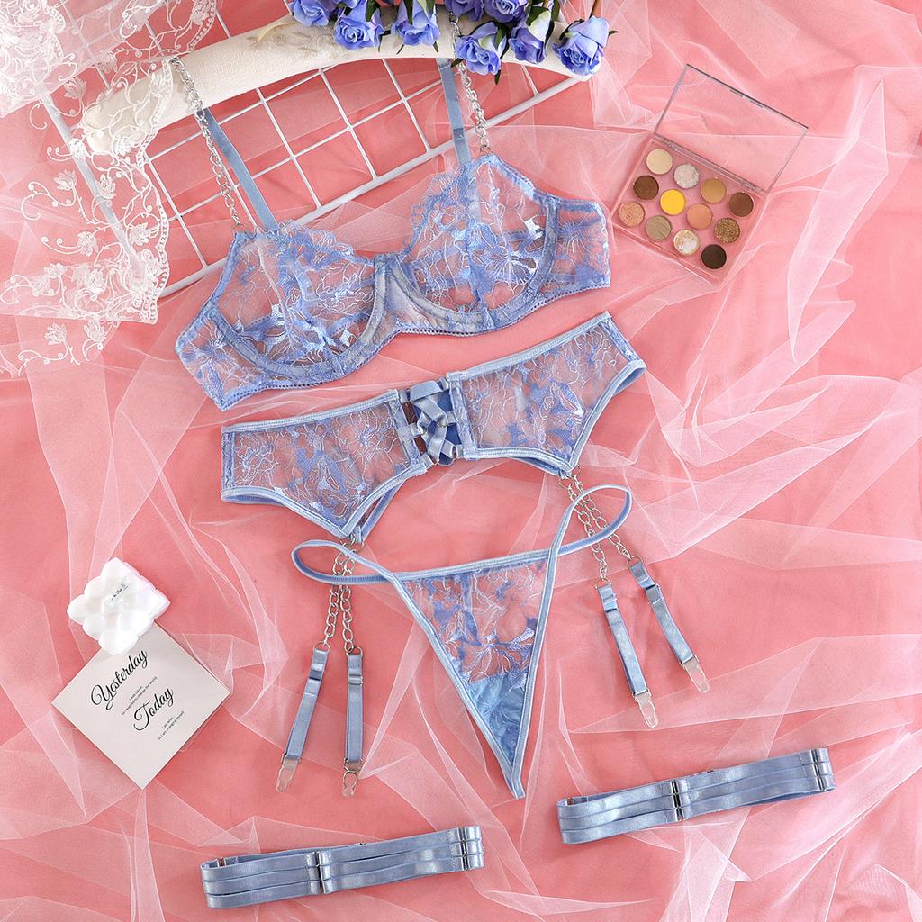 Sexy Lingerie Set, Lace Mesh Babydoll Chemise with Garter Belt and Stockings, Role Play Costume for Women
