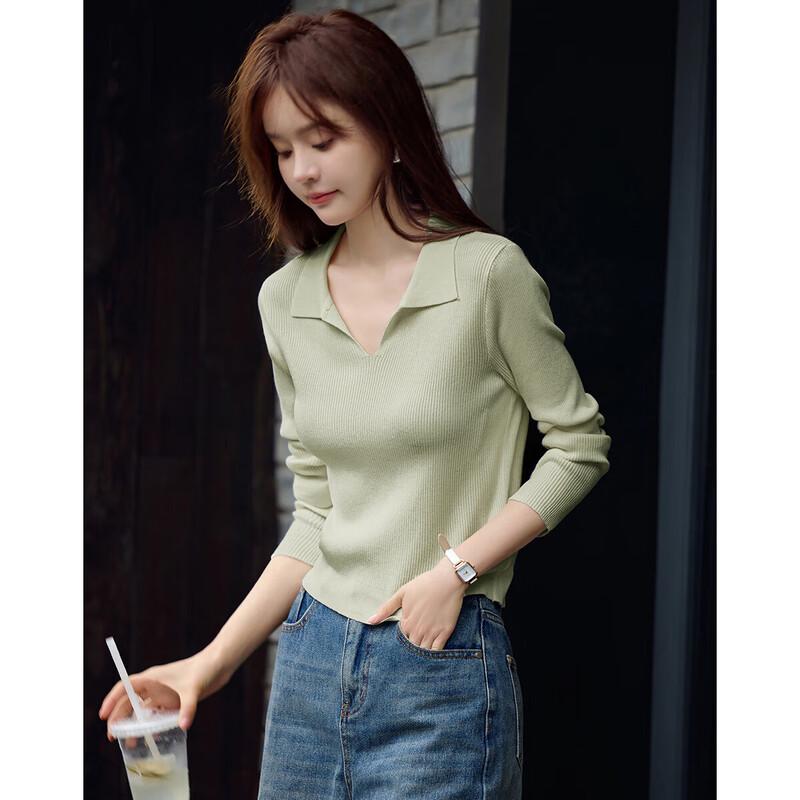 Women s Solid Color Ribbed Collar Knit Sweater L