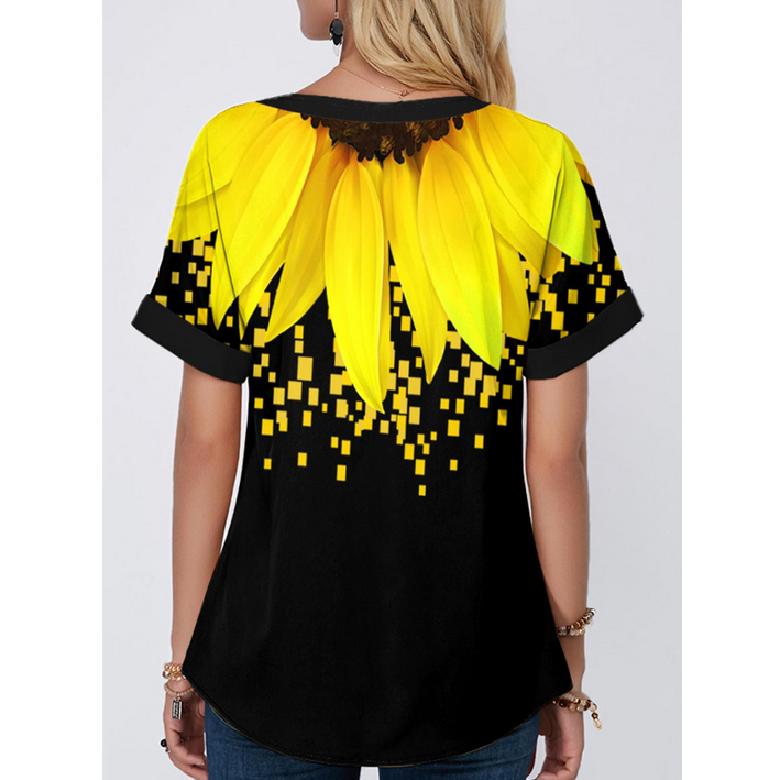 Women Fashion Short Sleeve T-Shirts Flower Print Bandage V-Neck Summer Tee Loose Casual Blouse Plus Size