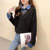 Fake Two-piece Sweater Women's Patchwork Denim Shirt with A Collar Casual Top Loose Long-sleeved Pullover and A Knitted Sweater
