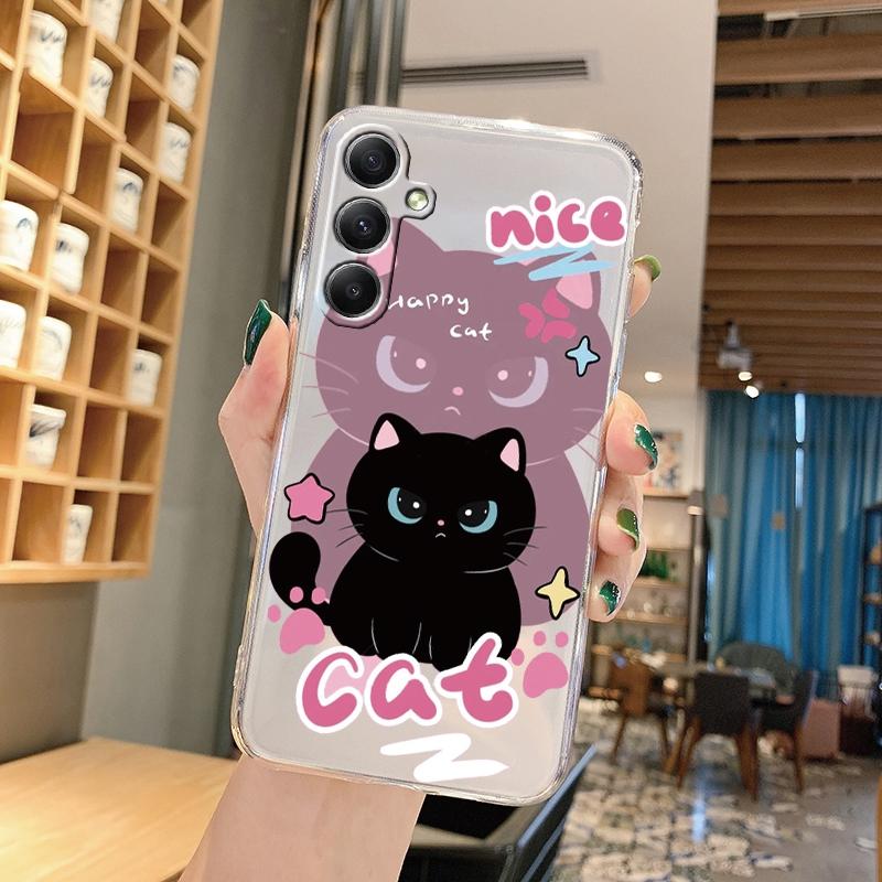 Cute Cat Cartoon Soft Transparent Silicon Case For Samsung A55 A35 M35 M34 S24 Xiaomi Redmi Note 13 Pro 13C Poco M6 Camera Shockproof Protective Cover