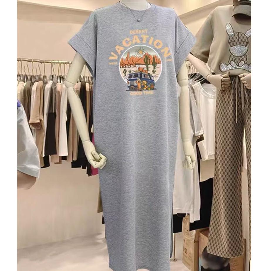 Vară Nouă Rochie Tricou cu Mânecă Scurtă Imprimată pentru Femei, Stil Coreean Larg și Casual Mărimi Mari Rochie cu Mâneci Fluture Rochie Lungă