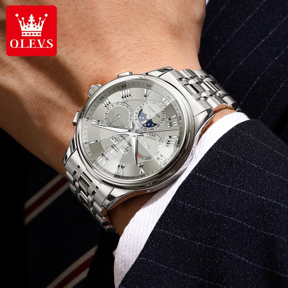 OLEVS 7113 Moon Phase Automatic Mechanical Men's Watches Fashion Rhombus Mirror Perpetual Calendar Luxury Business Man Watch New