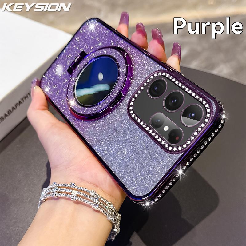 KEYSION Glitter Jewelled Magnetic Phone Case for Samsung Galaxy S25 Ultra 5G S24+ Plus S23 FE Makeup Mirror Stand Shockproof Cover