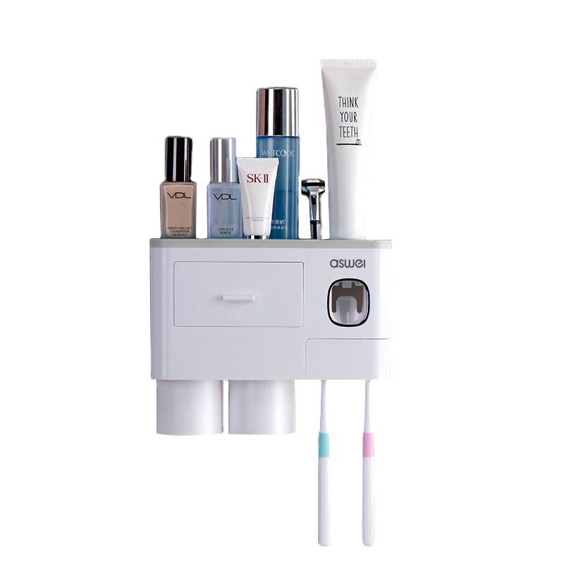 Drawer-Style Wall-Mounted Toothbrush Holder Set with Magnetic Suction Mouthwash Cup