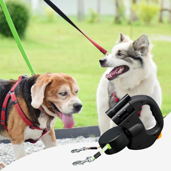Dual Retractable Dog Leash Double Headed 16ft Extendable Lead with Poop Bag Dispenser And LED Light for 2 Small Dogs Up To 5kg