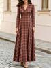 Damen Karomuster Reverskragen Einreiher Langarm A-Linie Maxikleid Elegant Schlankes Passformkleid